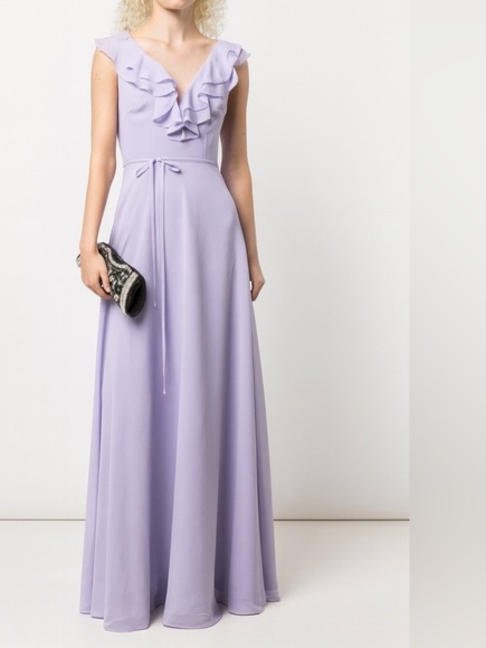 Lavender Ruffle V-Neck Maxi Dress with Waist Tie